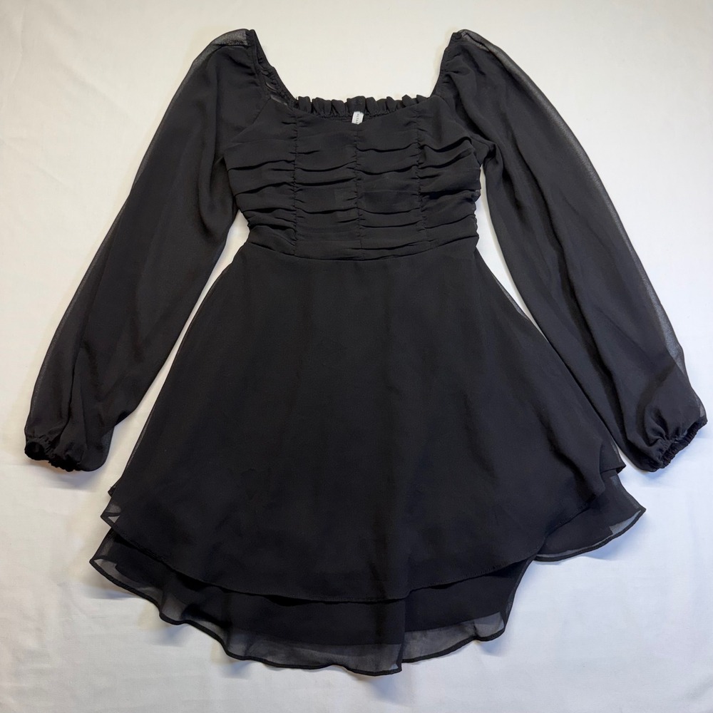 Black Whimsigoth Cottagecore Chiffon Mini Dress Coquette Fairycore XS Smocked
